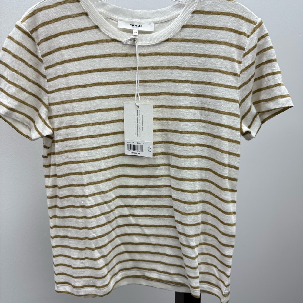 Frame White and Tan Striped Top